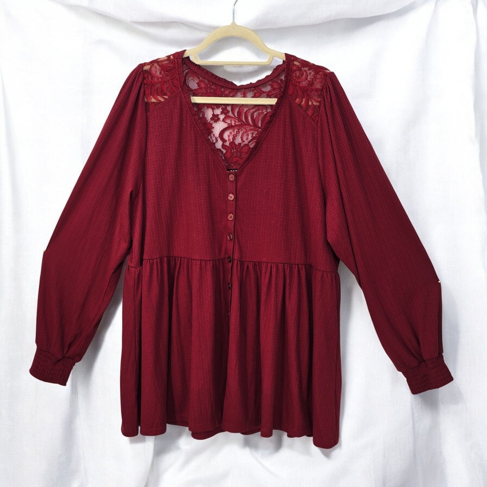Torrid Blouse Top Lace Detail Button Front Long Sleeve Red, Woman Size 3 (22-24)